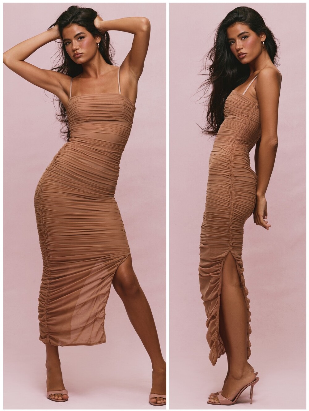 House Of CB Ruched Mesh Fornarina Tan Dress, M